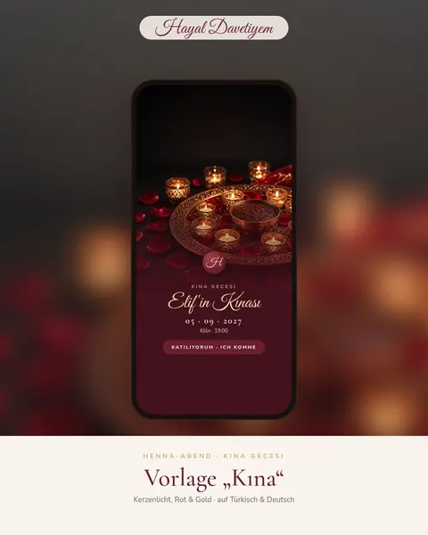 Instagram-Beitrag: Henna-Abend-Vorlage „Kına“ mit Kerzenlicht in Rot und Gold