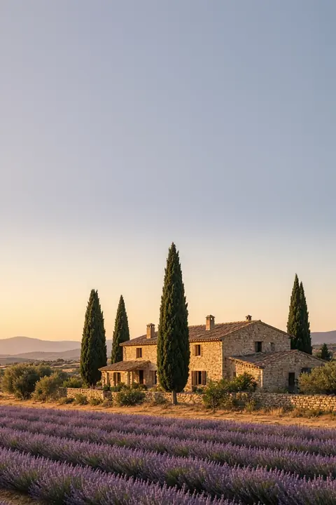 Vorlage Lavendel: Lavendelfelder bis zum Horizont, ein Landhaus und warmes Abendlicht.