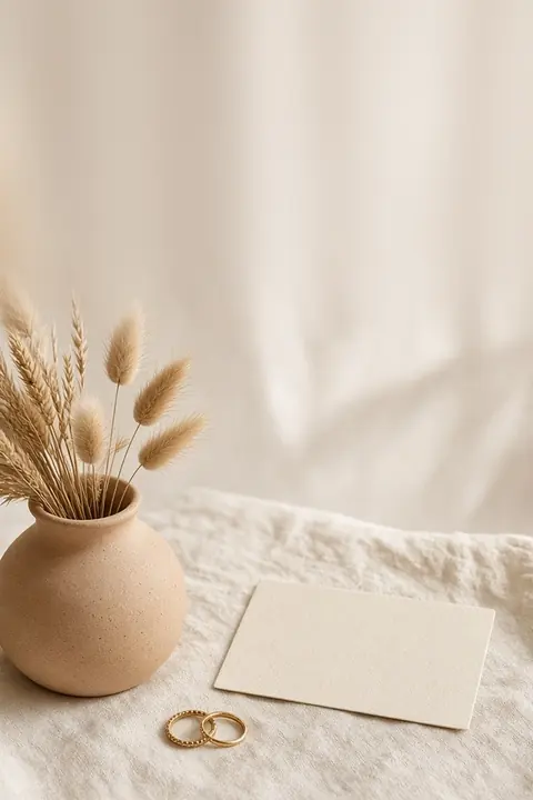 Vorlage Pampas: Pampasgras, Keramikvase und Ringe: eine Boho-Einladung in warmen Naturtönen.