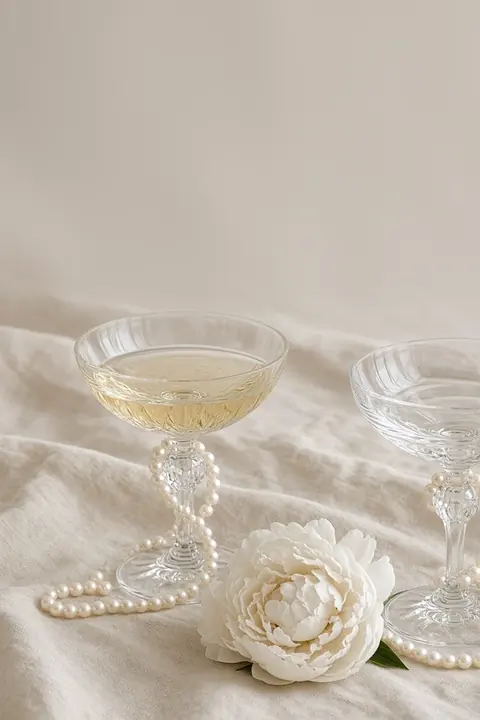 Vorlage Perle & Champagner: Champagnerschalen mit Perlen und eine weiße Pfingstrose: festlich und leicht. Zweisprachig Türkisch und Deutsch.