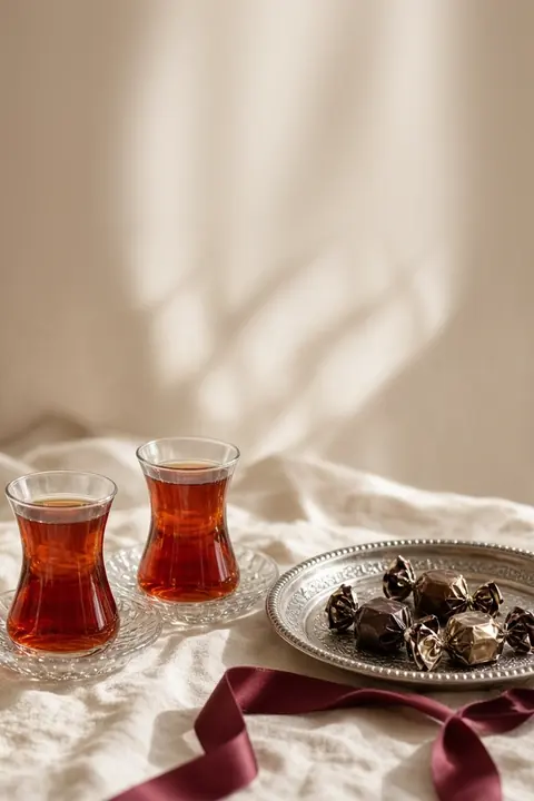 Vorlage Söz: Teegläser, Pralinentablett und Schleife: für das Versprechen vor der Verlobung. Zweisprachig Türkisch und Deutsch.